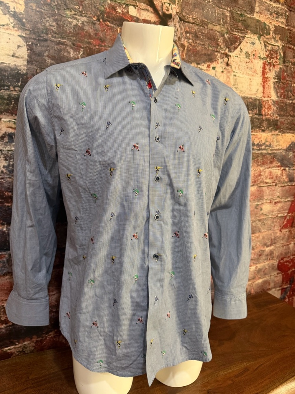 Robert Graham Blue Micro-Check Button-Down with Printed Contrast Collar